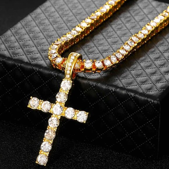 ⭐ Large 24" Cross & Diamond Infinity Necklace With 4mm Diamonds 18k Gold Pltd ⭐ - Picture 1 of 8
